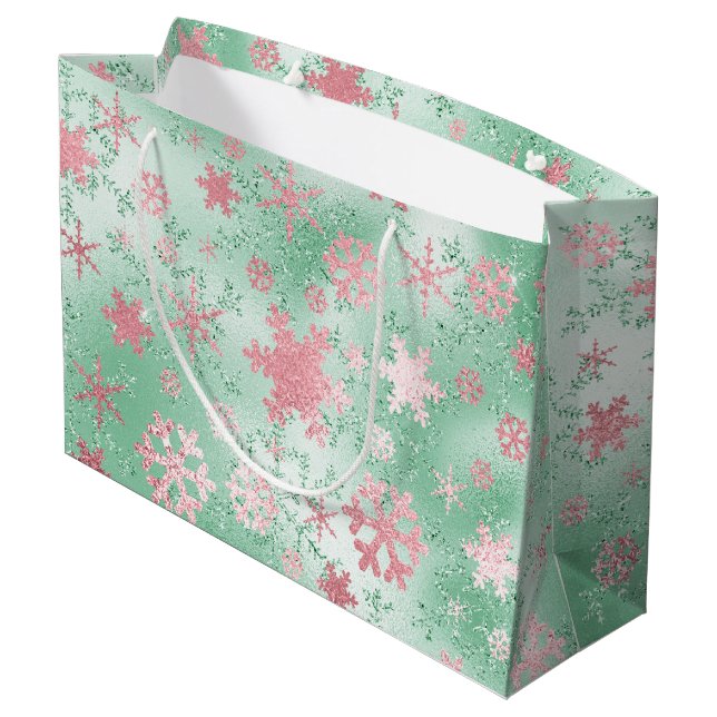 Elegant Green & Pink Christmas Snowflake Pattern Large Gift Bag (Back Angled)