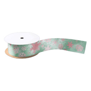 Elegant Green Pink Christmas Snowflake Pattern Satin Ribbon