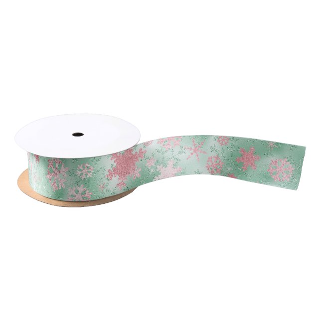 Elegant Green Pink Christmas Snowflake Pattern Satin Ribbon (Spool)