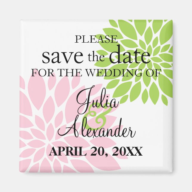 Elegant Green Pink Floral Burst Save The Date Magnet (Front)