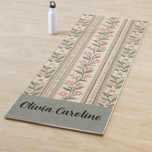 Elegant green pink Floral -Editable Name Yoga Mat