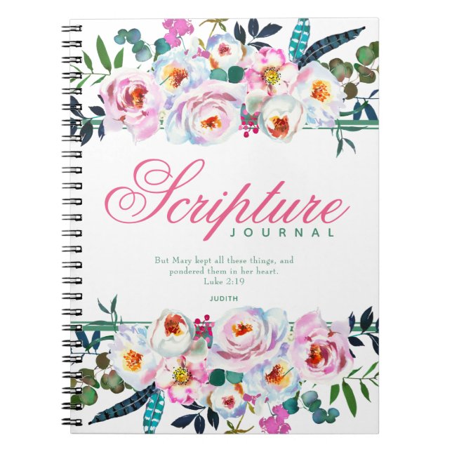 Elegant Green Pink Floral Named Scripture Journal (Front)