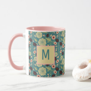 Elegant Green Pink Floral Pattern With Initial Mug