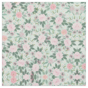 Elegant Green Pink Floral Watercolor Painting Fabric
