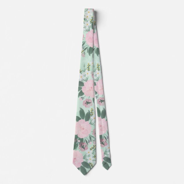 Elegant Green Pink Floral Watercolor Painting Tie (Front)