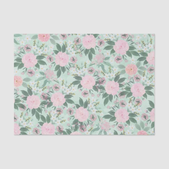 Elegant Green Pink Floral Watercolor Painting Tissue Paper (Front)