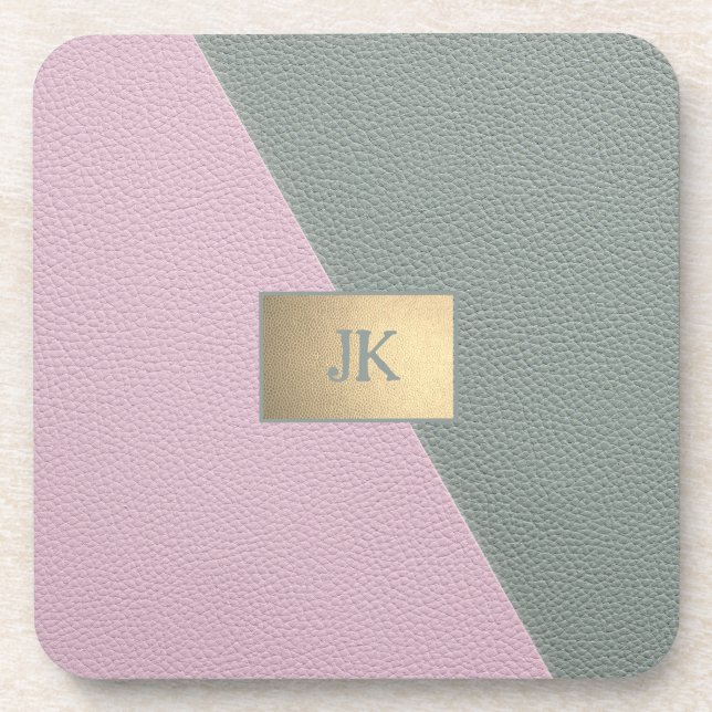 Elegant Green Pink Leather Monogram   Coaster (Front)