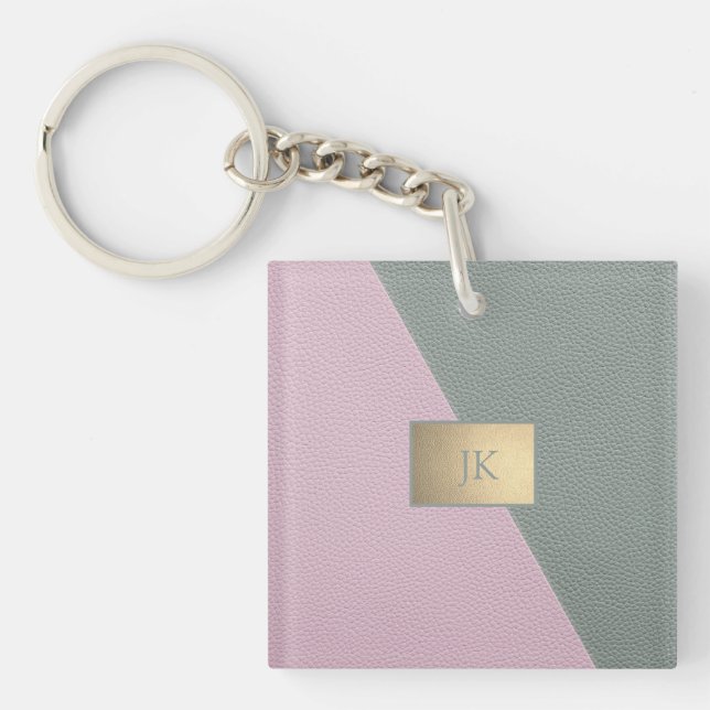 Elegant Green Pink Leather,Monogram Key Ring (Front)