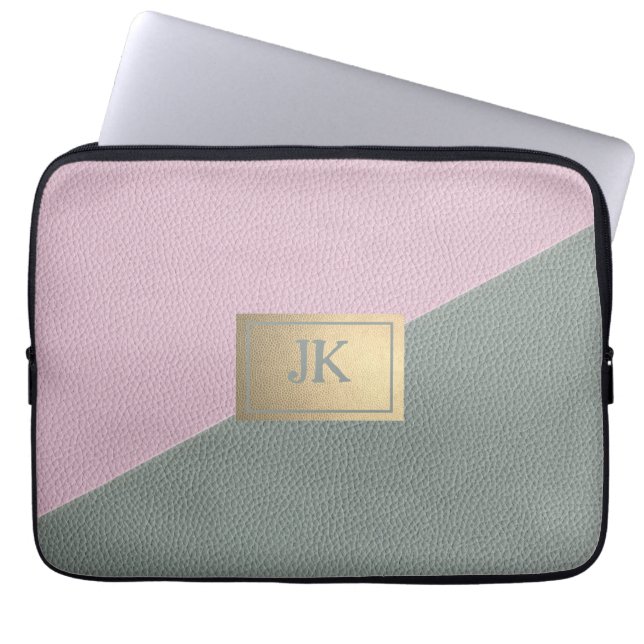 Elegant Green Pink Leather Monogram   Laptop Sleeve (Front)