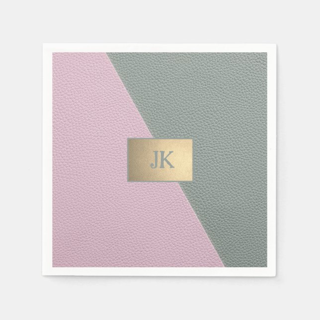 Elegant Green Pink Leather Monogram   Napkin (Front)