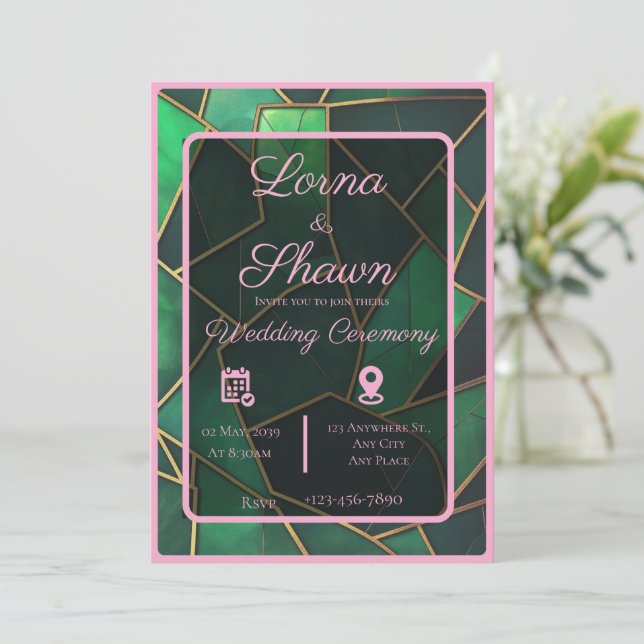 Elegant Green & Pink Overlay Wedding Invitation (Standing Front)