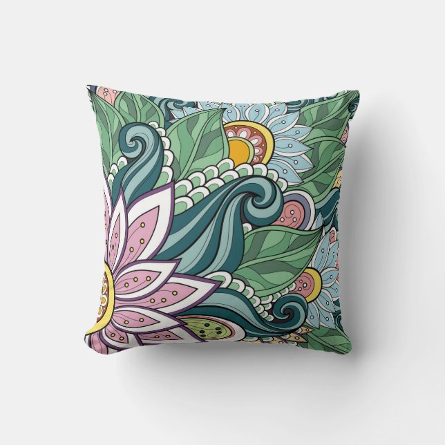 Elegant Green Pink White Flowers And Swirl Cushion (Front)