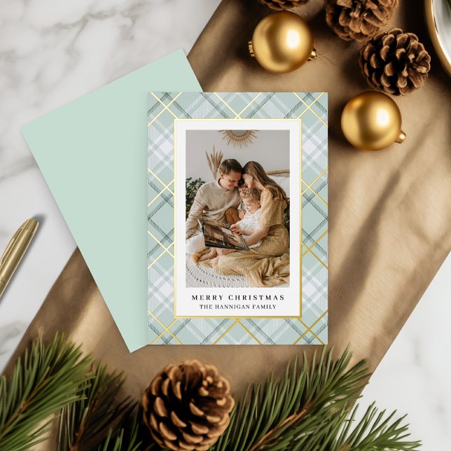 Elegant Green Plaid Family Picture  Foil Holiday Card (Creator Uploaded)