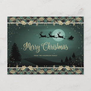 Elegant Green Plaid Holly Santa Reindeer Christmas Holiday Postcard