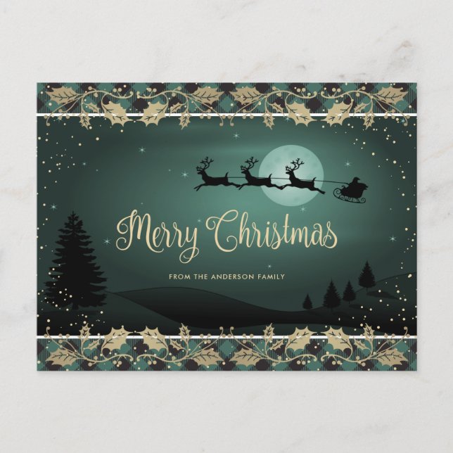 Elegant Green Plaid Holly Santa Reindeer Christmas Holiday Postcard (Front)
