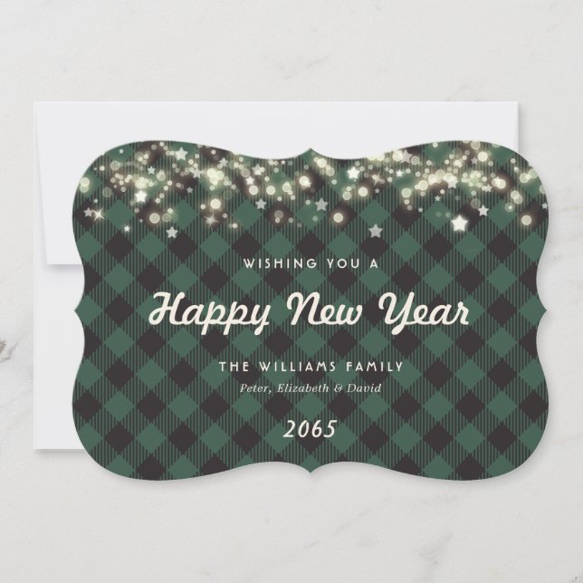 Elegant Green Plaid New Year Card (Front)