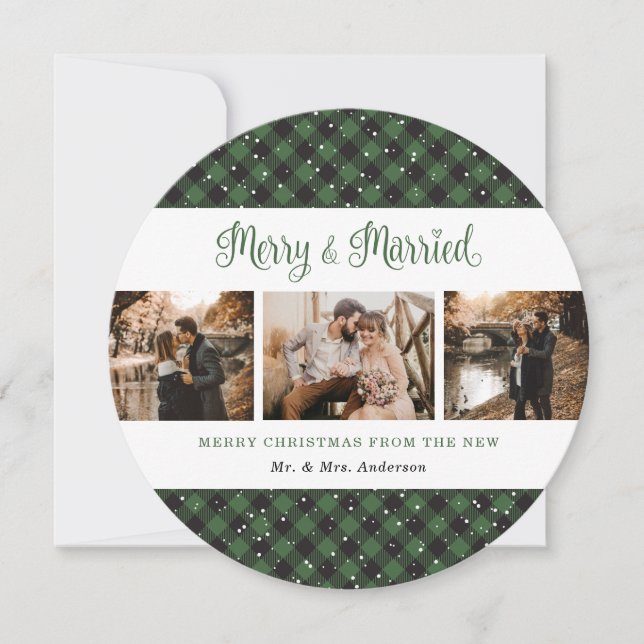 Elegant Green Plaid Newlyweds Christmas Cards (Front)