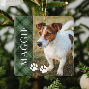 Elegant Green Plaid Pet Name and Photo Ceramic Ornament