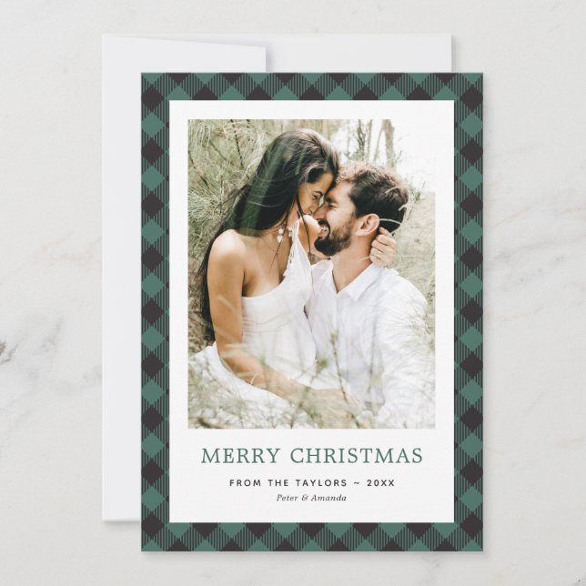 Elegant Green Plaid Photo Merry Christmas Holiday Card (Front)