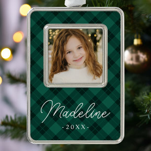 Elegant Green Plaid Photo Silver Plated Framed Ornament