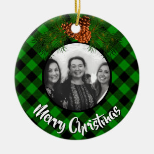 Elegant green plaid pinecone photo template ceramic tree decoration