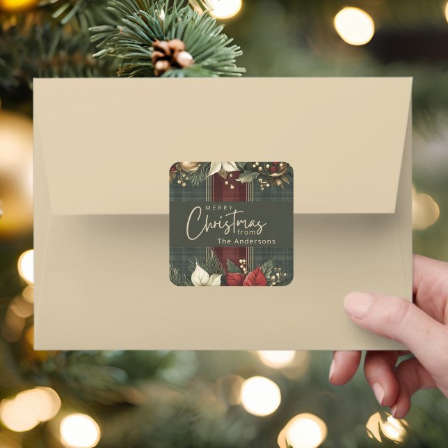 Elegant Green Plaid Poinsettias Merry Christmas Square Sticker (Creator Uploaded)