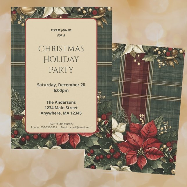 Elegant Green Plaid Red Poinsettia Christmas Party Invitation (Creator Uploaded)