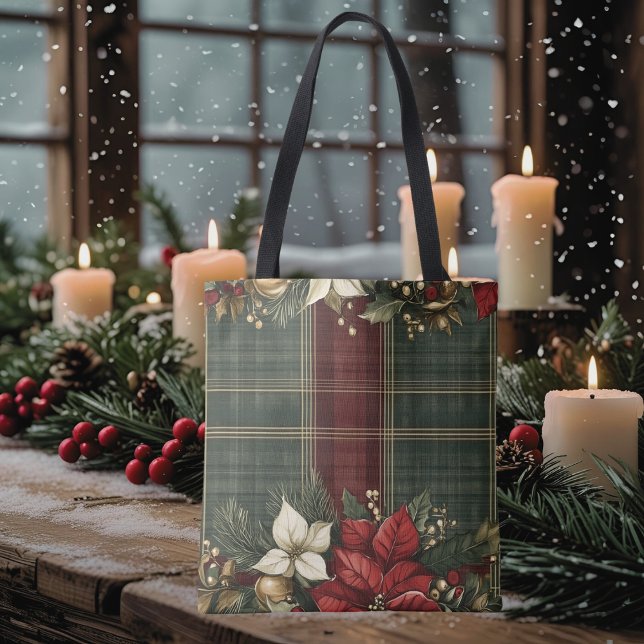 Elegant Green Plaid & Red Poinsettia Christmas Tote Bag (Creator Uploaded)