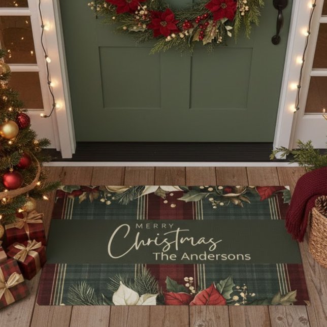 Elegant Green Plaid Red Poinsettia Name Christmas Doormat (Creator Uploaded)