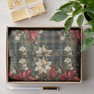 Elegant Green Plaid Red Poinsettias Christmas Tissue Paper