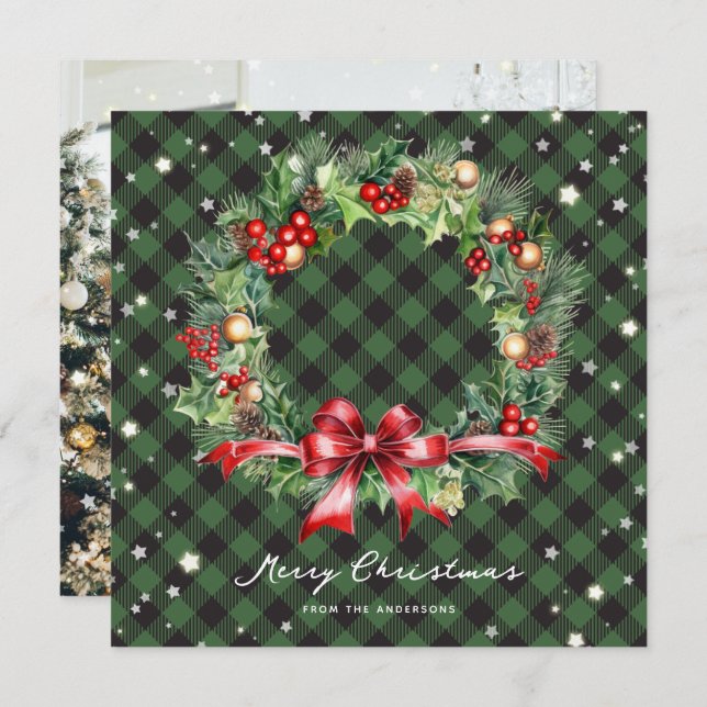 Elegant Green Plaid Wreath Photo Merry Christmas Holiday Card (Front/Back)