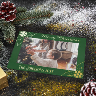 Elegant Green Poinsettia Christmas Photo Foil Holiday Card