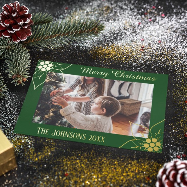 Elegant Green Poinsettia Christmas Photo Foil Holiday Card (Creator Uploaded)