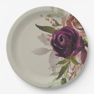 Elegant Green Purple Plum and Gold Floral Wedding Paper Plate