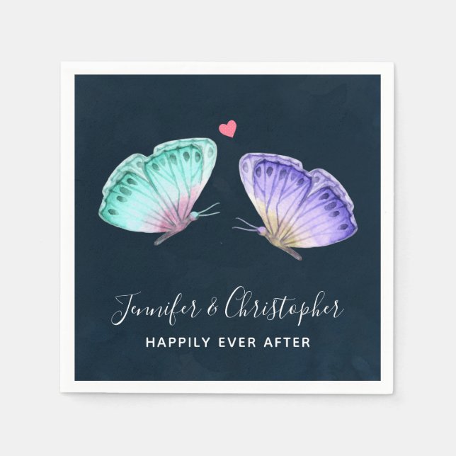 Elegant Green & Purple Watercolor Butterflies Napkin (Front)