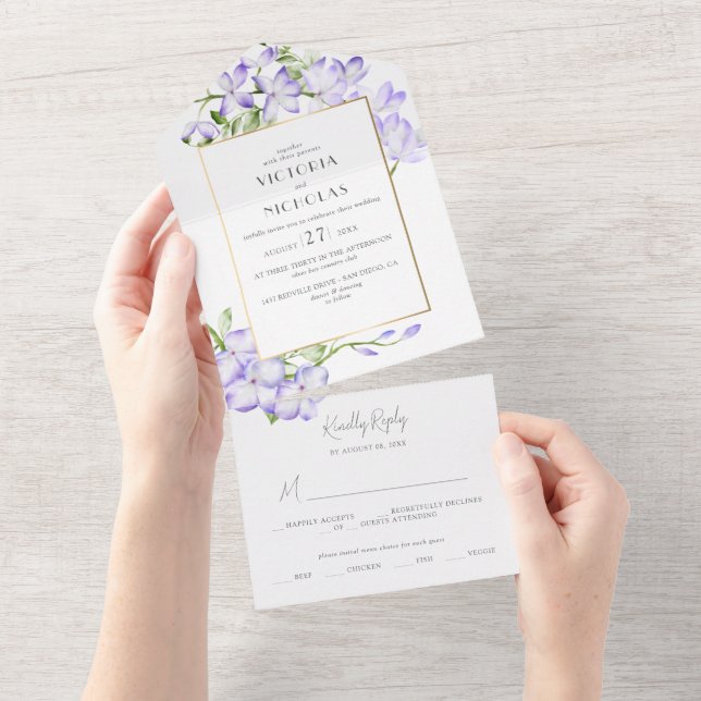 Elegant Green & Purple Wisteria Wedding All In One Invitation (Tearaway)