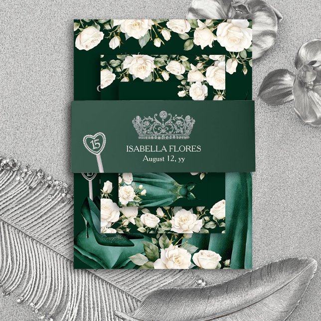 Elegant Green Quinceanera Tiara 15th Birthday Invitation Belly Band (Quinceanera Belly Bands from the Princess Dress and Roses Quinceanera Collection by Darling & May)