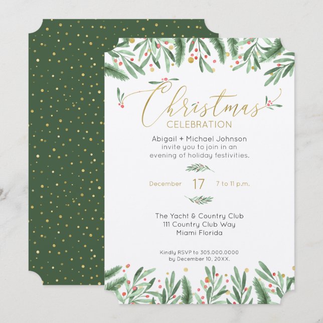 Elegant Green, Red, and Gold Christmas Party Invitation (Front/Back)