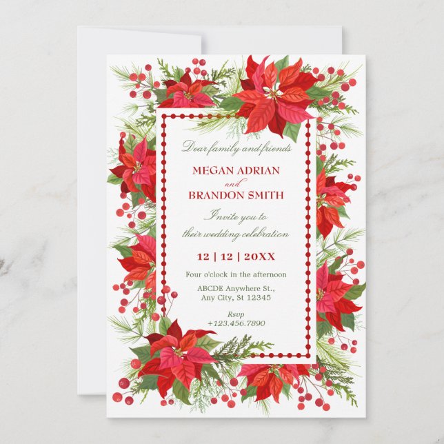 Elegant green red berry floral christmas wedding  invitation (Front)