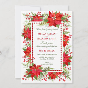 Elegant green red berry floral christmas wedding invitation