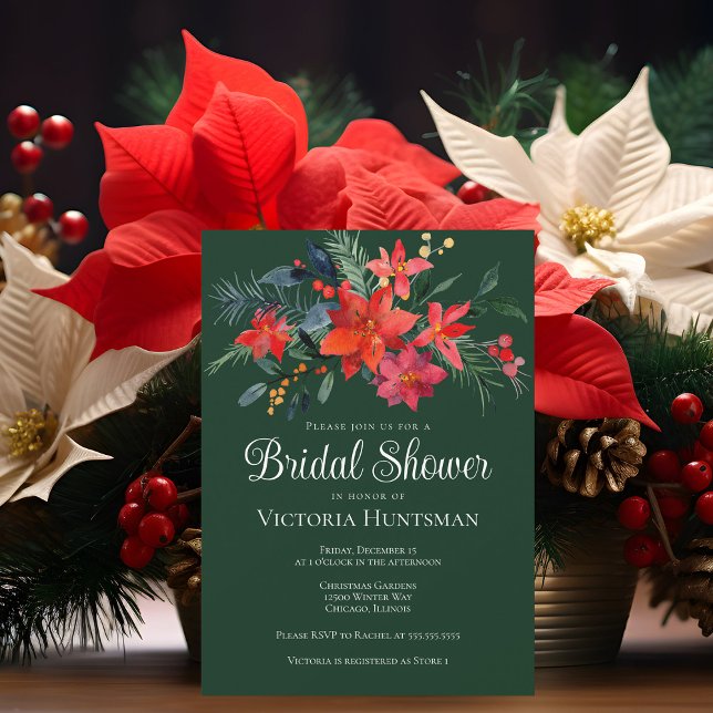 Elegant Green Red Christmas Floral Bridal Shower Invitation (Creator Uploaded)