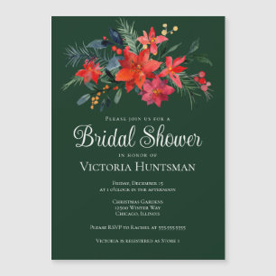 Elegant Green Red Christmas Floral Bridal Shower Magnetic Invitation