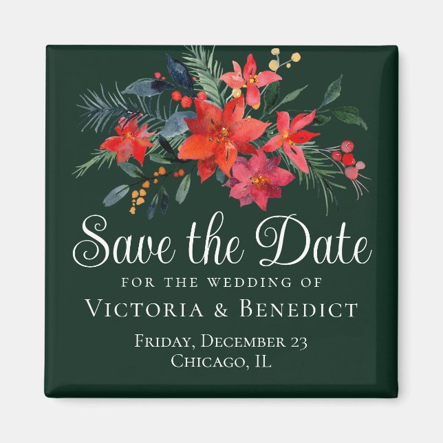 Elegant Green Red Floral Christmas Save the Date Magnet (Front)