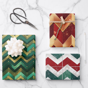 Elegant Green Red Gold Chevron Pattern Wrapping Paper Sheet