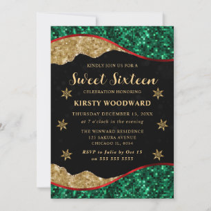Elegant Green Red & Gold Snowflake Sweet 16 Invitation