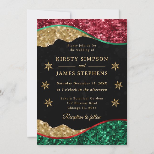 Elegant Green Red & Gold Snowflake Wedding Invitation (Front)