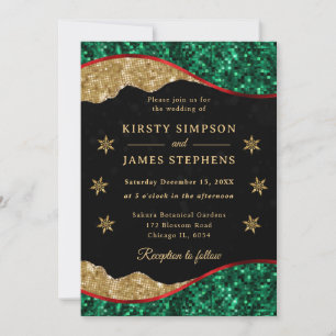 Elegant Green Red & Gold Snowflake Wedding Invitation