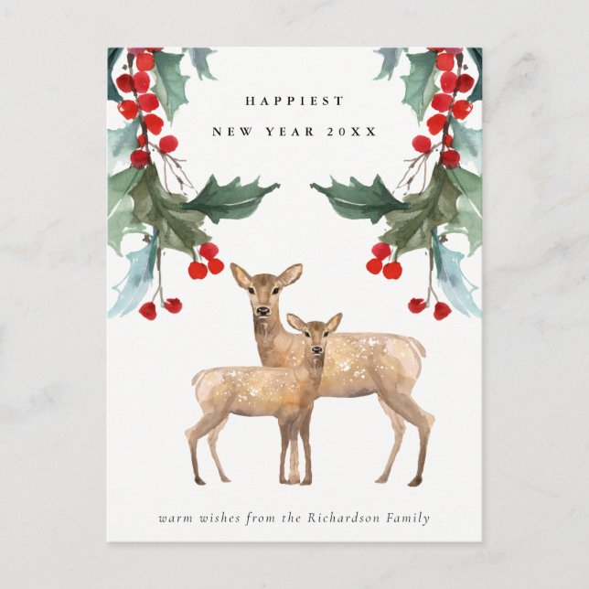 ELEGANT GREEN RED HOLLY BERRY DEER DUO NEW YEAR HOLIDAY POSTCARD (Front)