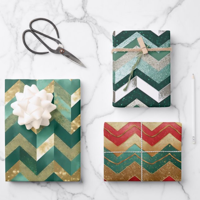 Elegant Green Red Metallic Silver Chevron Pattern Wrapping Paper Sheet (Front)
