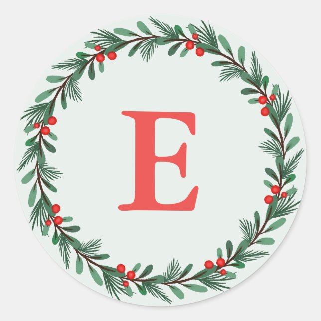 Elegant Green Red Monogram Christmas Wreath Classic Round Sticker (Front)